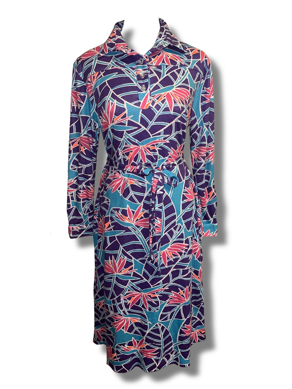 Vtg NWT Key West Hand Print 70s Belted Shirt Dress in Bird Of Paradise Print